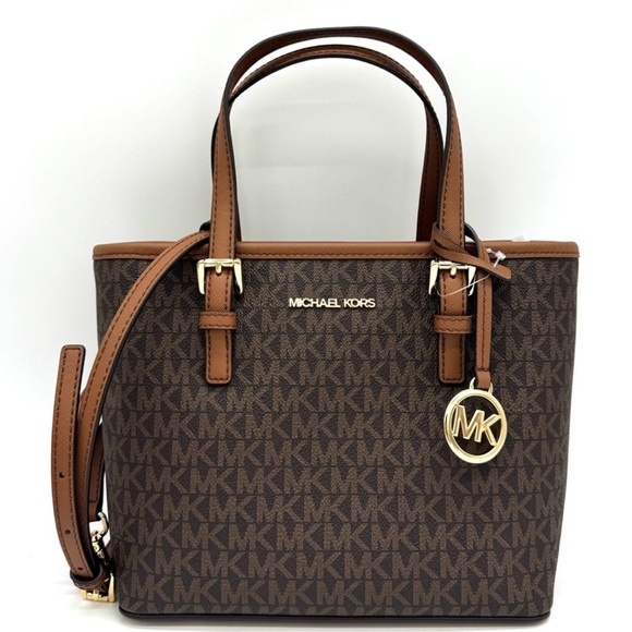 Michael Kors Jet Set Travel Extra-Small Logo Top-Zip lote Bag Brown Signature - Picture 2 of 10